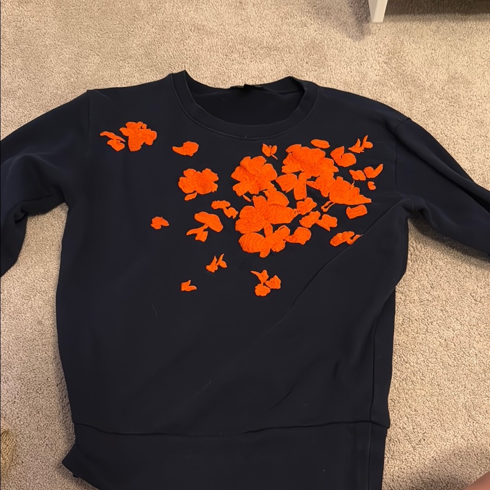 J Crew Navy Blue Sweater with Orange Floral Design